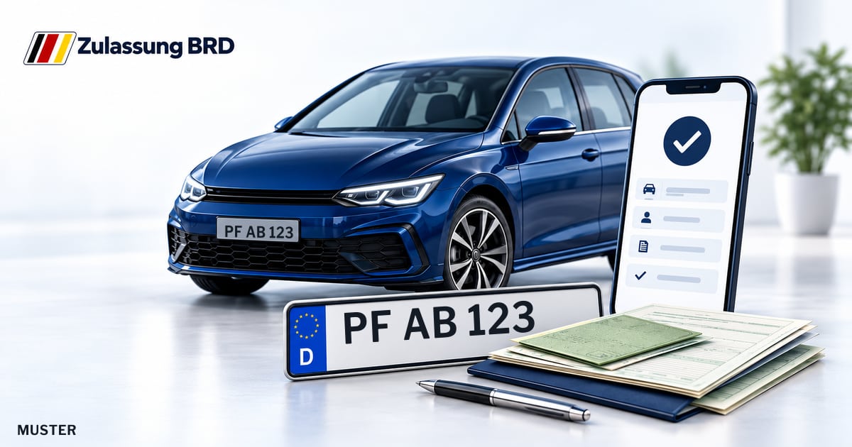 Online Fahrzeugzulassung in Birkenfeld: Musterkennzeichen PF AB 123, Auto und Fahrzeugpapiere und Smartphone. Illustration mit Logo von Zulassung BRD.